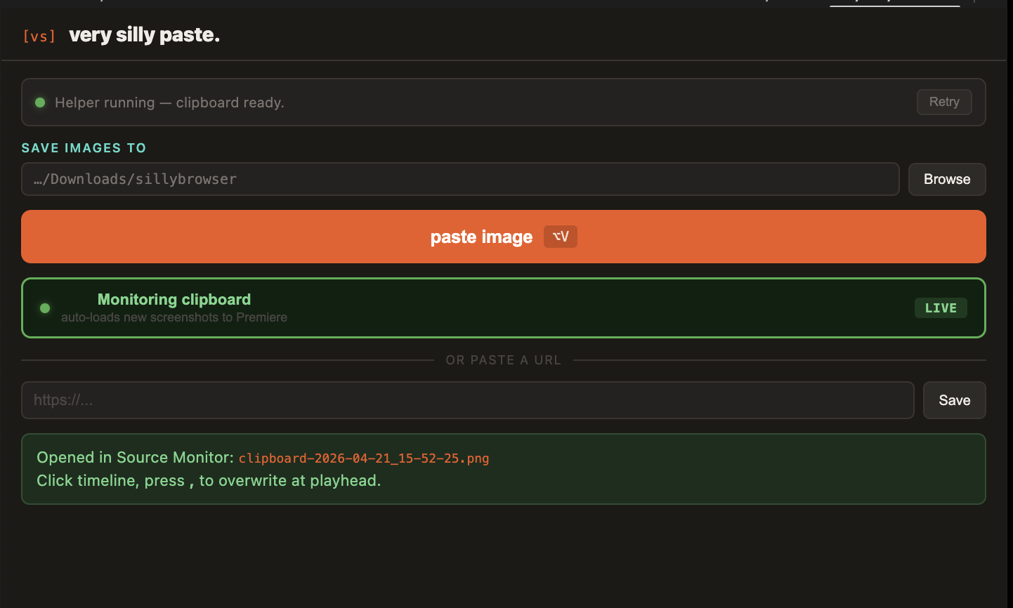 very silly paste — clipboard images direct to premiere source monitor